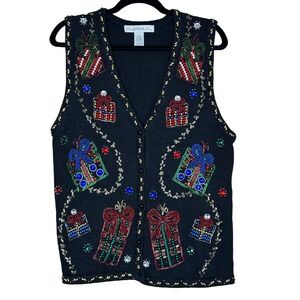 Vintage 1997 Claudia D. Beaded Christmas‎ Gift Sweater Vest Black Medium Holiday